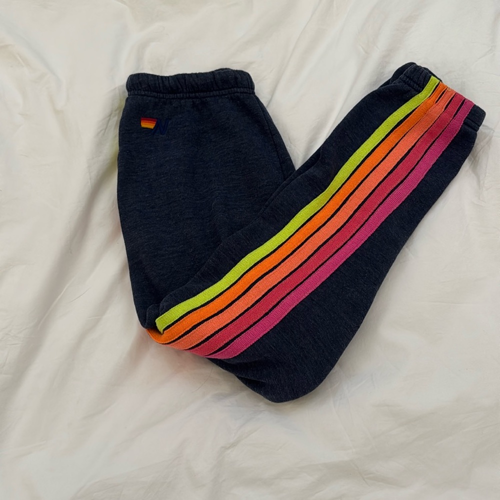 Aviator Nation 5 stripe neon sweatpants (navy and neon colors)